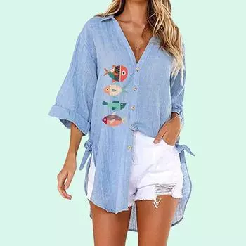 Женская модная футболка с v-образным вырезом больших размеров, летняя осень, свободные блузки с рыбным принтом, футболка с половиной рукава, женская повседневная длинная рубашка на пуговицах S белый