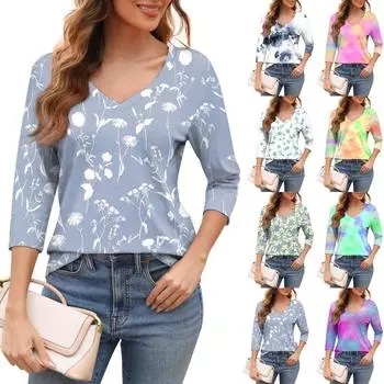Женская модная футболка с v-образным вырезом и рукавом три четверти с цветочным принтом, повседневный топ XXXL