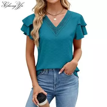 Женская модная футболка с V-образным вырезом и оборками на рукавах, однотонный элегантный топ S чёрный