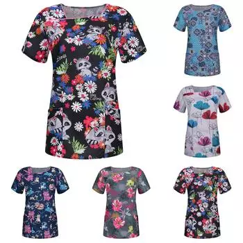 Женская модная футболка с v-образным вырезом и карманами и короткими рукавами, одежда для медсестер L синий