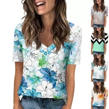 Женская модная футболка с v-образным вырезом и короткими рукавами, повседневная футболка с принтом