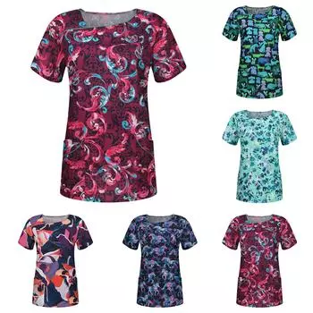 Женская модная футболка с v-образным вырезом и карманами и короткими рукавами, одежда для медсестер L синий