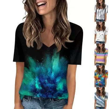 Женская модная футболка с v-образным вырезом и короткими рукавами, повседневная футболка с принтом L синий