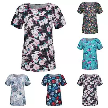 Женская модная футболка с v-образным вырезом и карманами и короткими рукавами, одежда для медсестер L синий