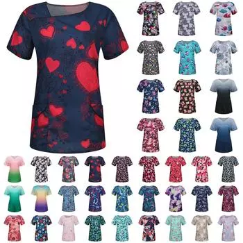 Женская модная футболка с v-образным вырезом и карманами и короткими рукавами, одежда для медсестер L зелёный