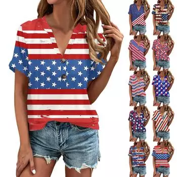 Женская модная футболка с v-образным вырезом и пуговицами на день независимости с коротким рукавом и нижней частью, топ L синий