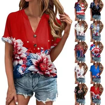Женская модная футболка с v-образным вырезом и пуговицами на день независимости с коротким рукавом и нижней частью, топ L чёрный