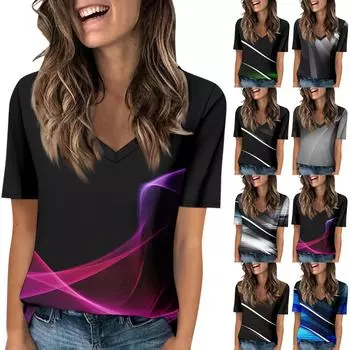 Женская модная футболка с v-образным вырезом и короткими рукавами, повседневная футболка с принтом L чёрный
