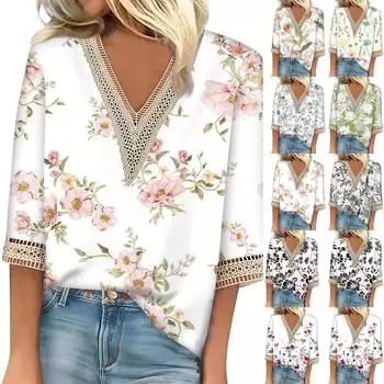 Женская модная футболка с v-образным вырезом и рукавом три четверти с цветочным принтом, повседневный топ XXXL киноварь