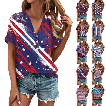 Женская модная футболка с v-образным вырезом и пуговицами на день независимости с коротким рукавом и нижней частью, топ L синий