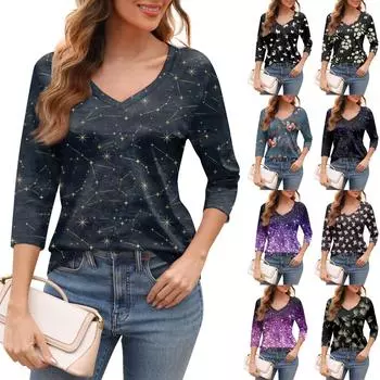 Женская модная футболка с v-образным вырезом и рукавом три четверти с цветочным принтом, повседневный топ S розовый