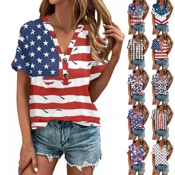Женская модная футболка с v-образным вырезом и пуговицами на день независимости с коротким рукавом и нижней частью, топ L синий