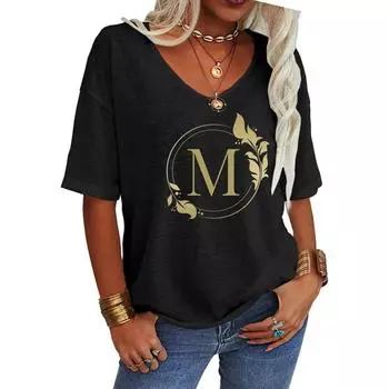 Женская модная футболка с V-образным вырезом, летняя повседневная футболка с коротким рукавом и принтом букв S белый