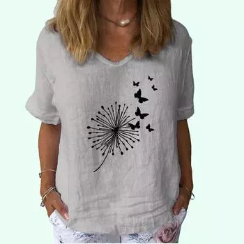 Женская модная футболка с V-образным вырезом, повседневная, из хлопка и льна, с коротким рукавом, женская футболка с принтом S