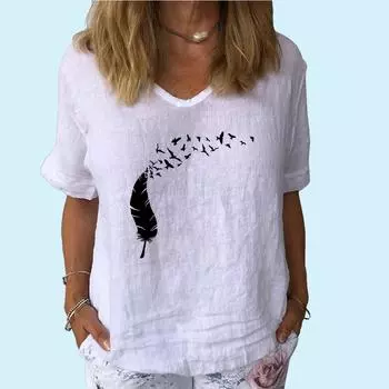Женская модная футболка с V-образным вырезом и коротким рукавом, повседневная, из хлопка и льна, тонкий топ, женская футболка с принтом S