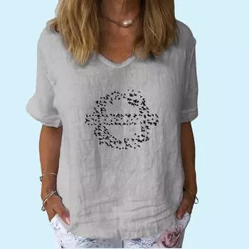 Женская модная футболка с V-образным вырезом и коротким рукавом, повседневная, из хлопка и льна, тонкий топ, женская футболка с принтом S
