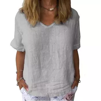 Женская модная футболка с V-образным вырезом и коротким рукавом, повседневная, из хлопка и льна, тонкий топ, женская однотонная футболка S белый