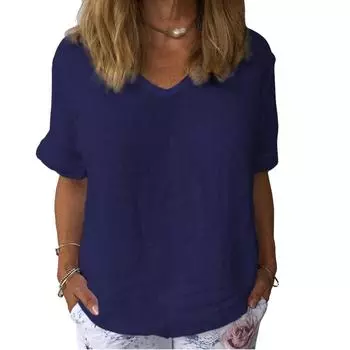 Женская модная футболка с V-образным вырезом и коротким рукавом, повседневная, из хлопка и льна, тонкий топ, женская однотонная футболка S белый