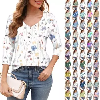 Женская модная футболка с v-образным вырезом и рукавом три четверти с цветочным принтом, повседневный топ L темно-фиолетового