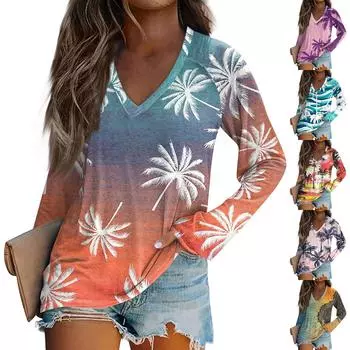 Женская модная футболка с V-образным вырезом и длинным рукавом, повседневный топ с принтом в виде цветка L синий