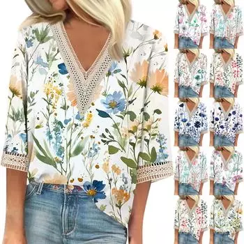 Женская модная футболка с V-образным вырезом и кружевным винтажным цветочным принтом, повседневный топ с семью рукавами L синий