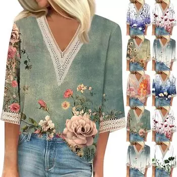 Женская модная футболка с V-образным вырезом и кружевным винтажным цветочным принтом, повседневный топ с семью рукавами L армия зеленый