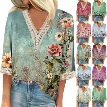 Женская модная футболка с V-образным вырезом и кружевным винтажным цветочным принтом, повседневный топ с семью рукавами L синий