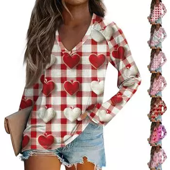 Женская модная футболка с V-образным вырезом и длинным рукавом, повседневный топ с принтом ко Дню святого Валентина XL