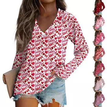 Женская модная футболка с V-образным вырезом и длинным рукавом, повседневный топ с принтом ко Дню святого Валентина L