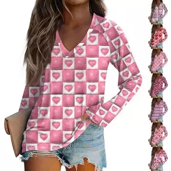 Женская модная футболка с V-образным вырезом и длинным рукавом, повседневный топ с принтом ко Дню святого Валентина M