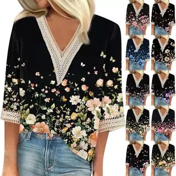 Женская модная футболка с V-образным вырезом и кружевным винтажным цветочным принтом, повседневный топ с семью рукавами M хаки