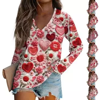 Женская модная футболка с V-образным вырезом и длинным рукавом, повседневный топ с принтом ко Дню святого Валентина XL винный