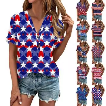 Женская модная футболка с v-образным вырезом и пуговицами на день независимости с коротким рукавом и нижней частью, топ L синий