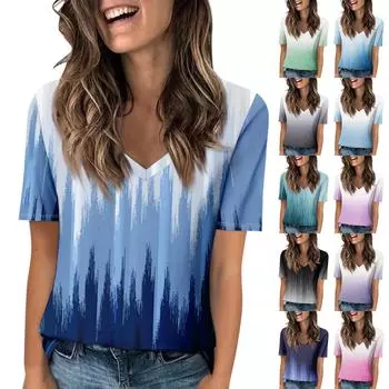 Женская модная футболка с v-образным вырезом и короткими рукавами, повседневная футболка с принтом L чёрный