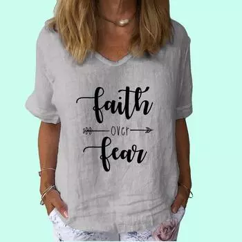 Женская модная футболка с V-образным вырезом, повседневная, из хлопка и льна, с коротким рукавом, женская футболка с принтом S