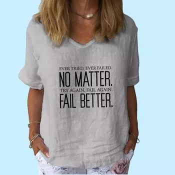 Женская модная футболка с V-образным вырезом, повседневная, из хлопка и льна, с коротким рукавом, женская футболка с принтом S