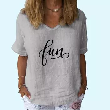 Женская модная футболка с V-образным вырезом, повседневная, из хлопка и льна, с коротким рукавом, женская футболка с принтом S