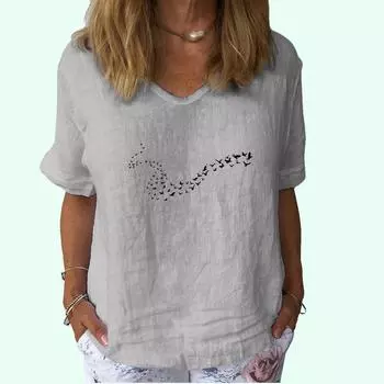 Женская модная футболка с V-образным вырезом и коротким рукавом, повседневная, из хлопка и льна, тонкий топ, женская футболка с принтом S