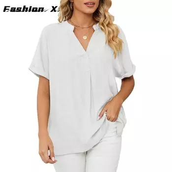 Женская модная футболка с v-образным вырезом, повседневная пуловерная блузка, женская свободная блузка, топы для женщин S белый