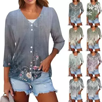 Женская модная футболка с v-образным вырезом и рукавом три четверти с цветочным принтом, повседневный топ S