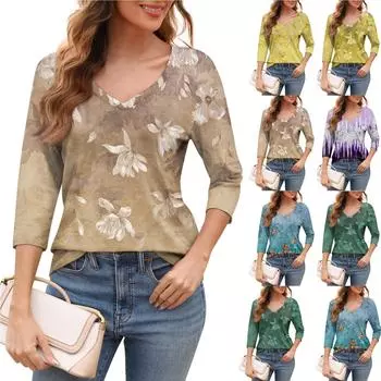 Женская модная футболка с v-образным вырезом и рукавом три четверти с цветочным принтом, повседневный топ L