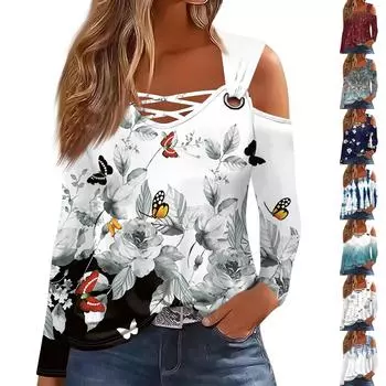 Женская модная футболка с V-образным вырезом и длинным рукавом, повседневная XXL