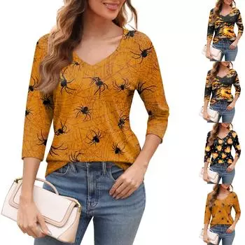 Женская модная футболка с v-образным вырезом и рукавом три четверти с цветочным принтом, повседневный топ S
