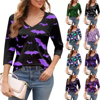 Женская модная футболка с v-образным вырезом и рукавом три четверти с цветочным принтом, повседневный топ L