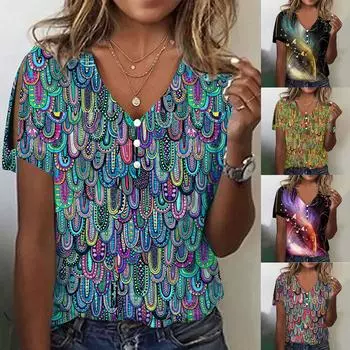 Женская модная футболка с v-образным вырезом и короткими рукавами с принтом XL синий