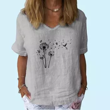 Женская модная футболка с V-образным вырезом и короткими рукавами, повседневная, из хлопка и льна, тонкий топ, женская футболка с принтом S