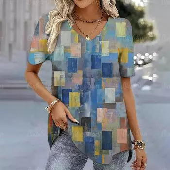 Женская модная футболка с V-образным вырезом, футболка с 3D-принтом, градиентная футболка Harajuku, свободная одежда, топ с коротким рукавом и V-образным вырезом, лето S