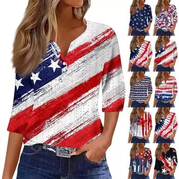 Женская модная футболка с V-образным вырезом и пуговицами, семь рукавов, повседневный топ с принтом «День независимости» S