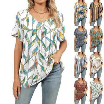 Женская модная футболка с V-образным вырезом и цветочным принтом, с короткими рукавами, плиссированная футболка L чёрный