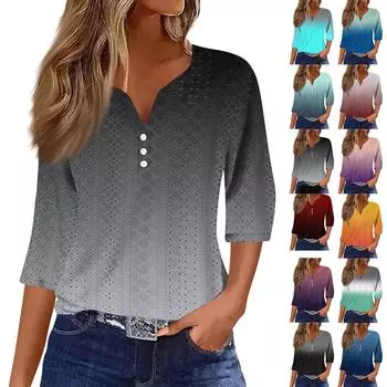 Женская модная футболка с V-образным вырезом, пуговицами, семью рукавами, повседневная, с градиентным принтом L чёрный